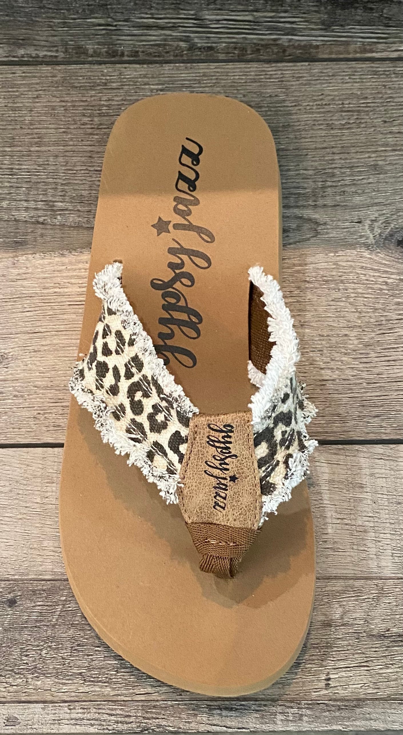 Gypsy Jazz Leopard Flip Flops with tan sole