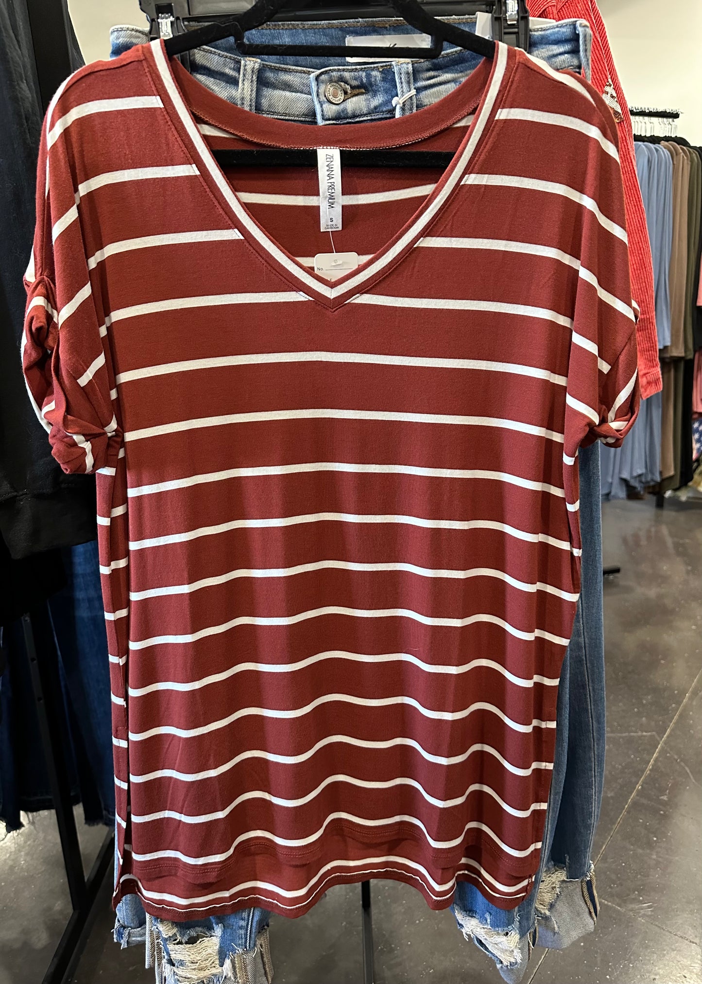 Zenana Vneck Striped Top (Rust)