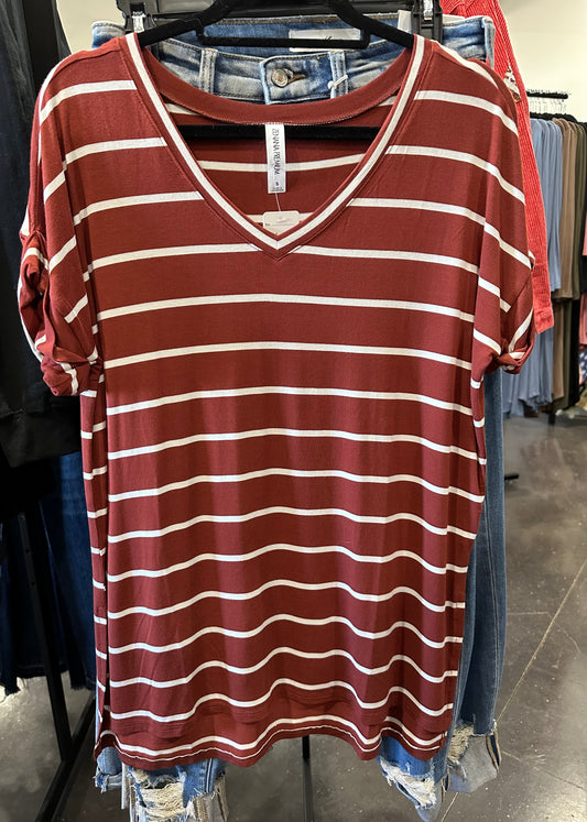 Zenana Vneck Striped Top (Rust)