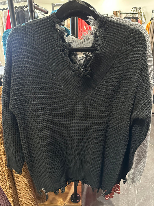 Zenana Distressed Sweater (Black)
