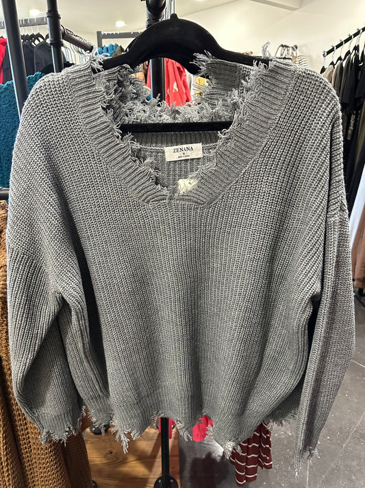 Zenana Distressed Sweater (Gray)