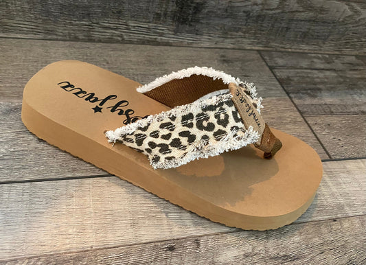 Gypsy Jazz Leopard Flip Flops with tan sole