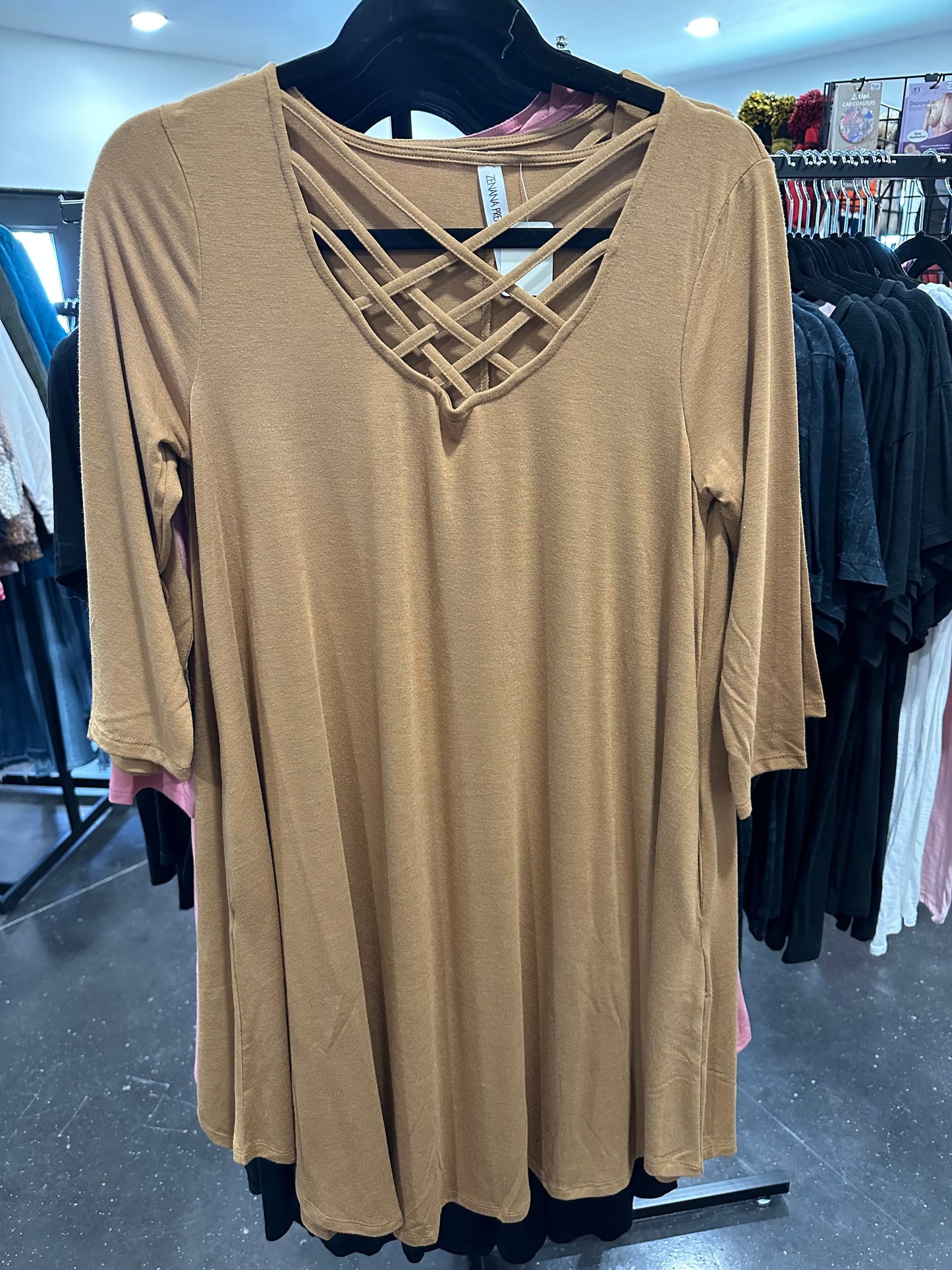 Zenana 3/4 sleeve Above Knee Criss Cross Vneck w/ Pockets